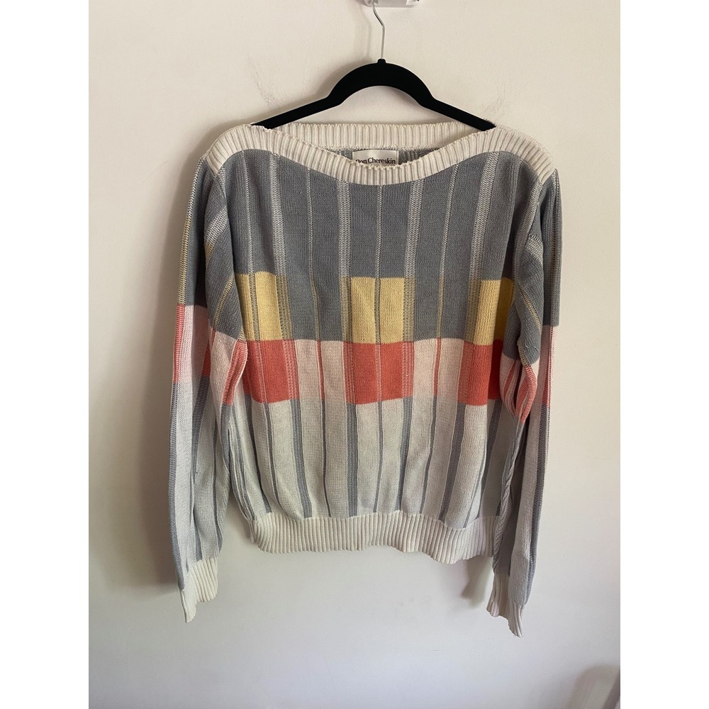 Ron Chereskin Vintage 80s Colorblock Striped Boat Neck Knit Sweater Grey‎ XL